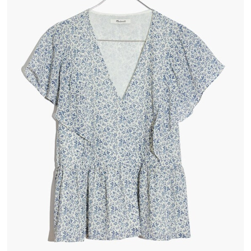 Madewell Georgette Ruffle-Sleeve V-Neck Peplum Blouse Americana Floral XL