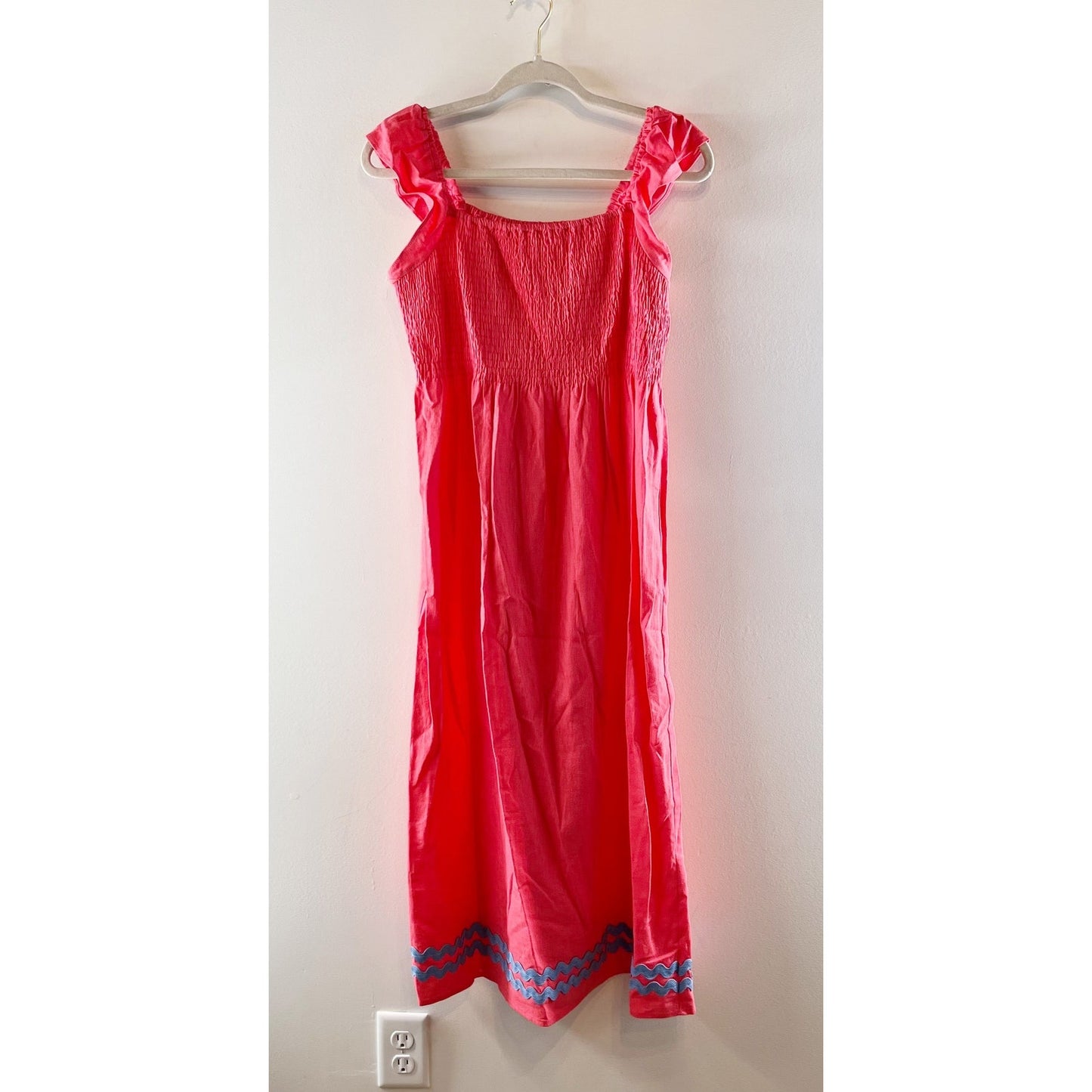 Sail to Sable Square Neck Flutter Sleeve Linen Blend Midi Dress Coral Pink M