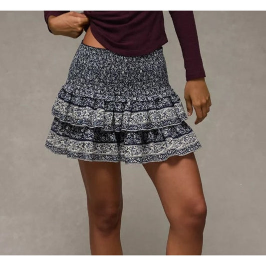 American Eagle High Waisted Tiered Ruffle Mini Skirt Skort Blue Large