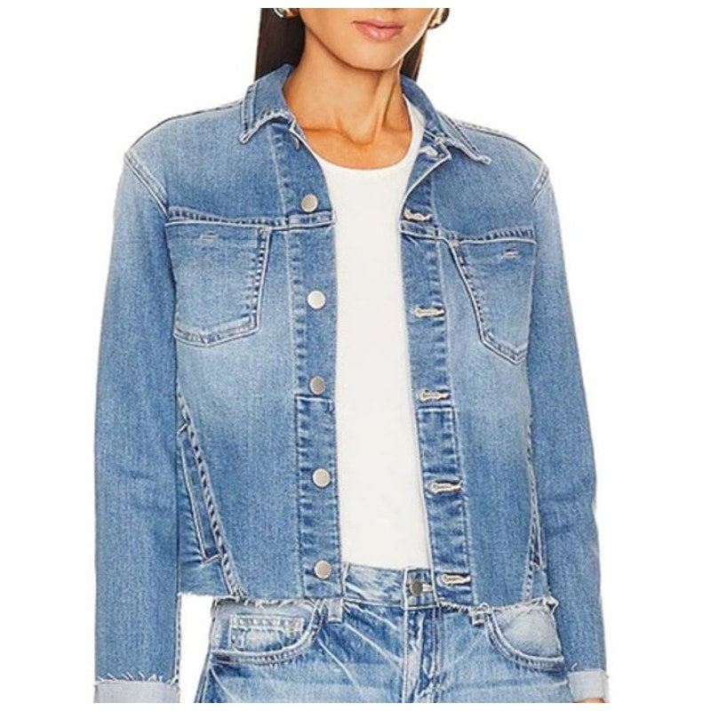 L'agence Janelle Long Sleeve Raw Hem Cropped Denim Trucker Jacket Blue XS