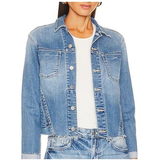 L'agence Janelle Long Sleeve Raw Hem Cropped Denim Trucker Jacket Blue XS