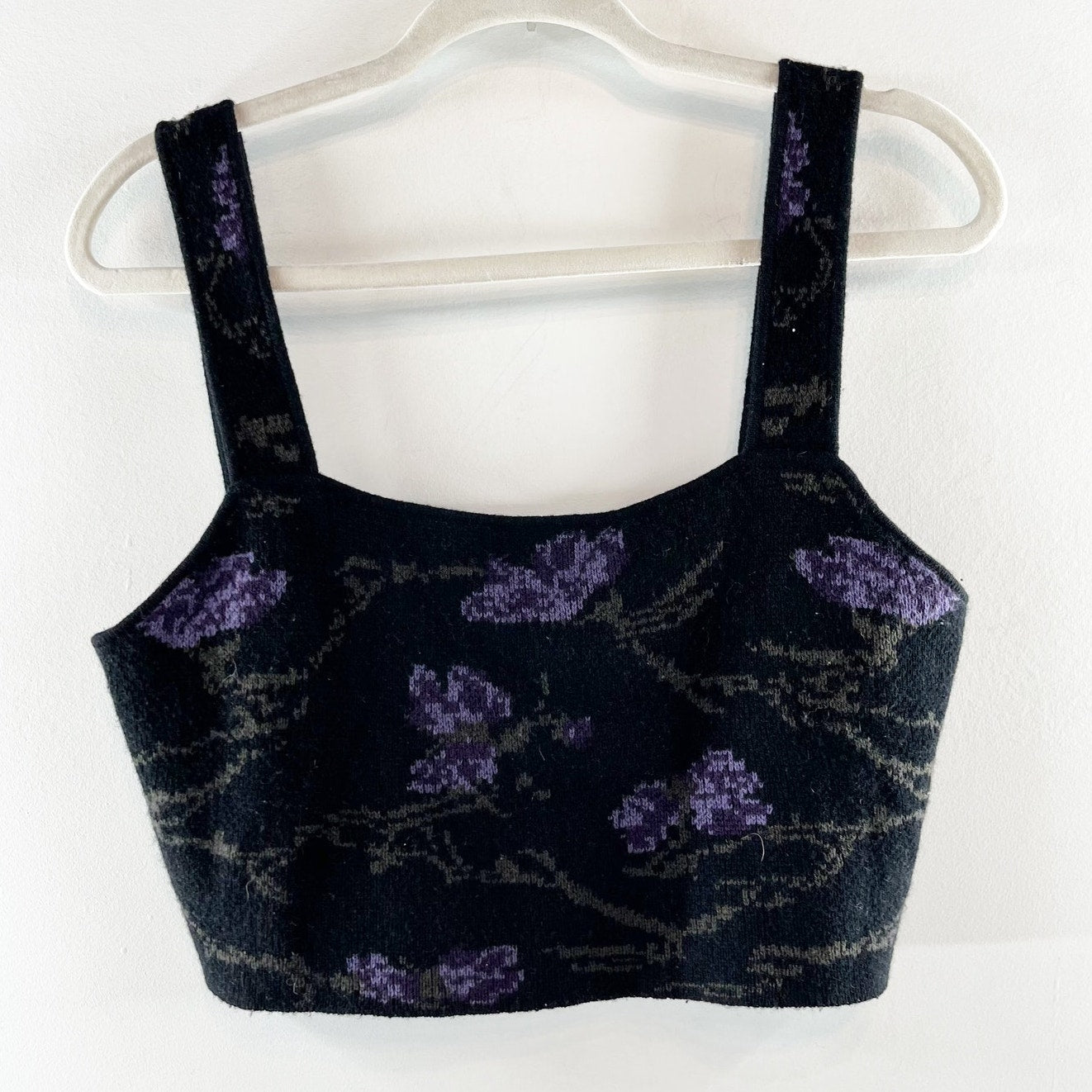 Vince Wool Cashmere Orchid Square Neck Sweater Floral Cami Crop Top Black Medium