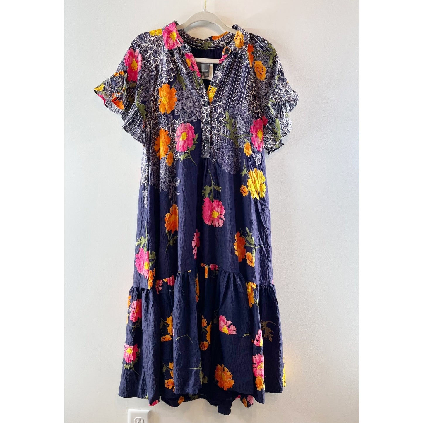 Anthropologie Floral Ruffle Sleeve V-Neck Tiered Midi Dress Navy Multi XS Petite
