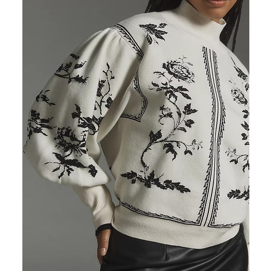 Jason Wu Long Balloon Sleeve Mock Neck Floral Printed Sweater Cream Large