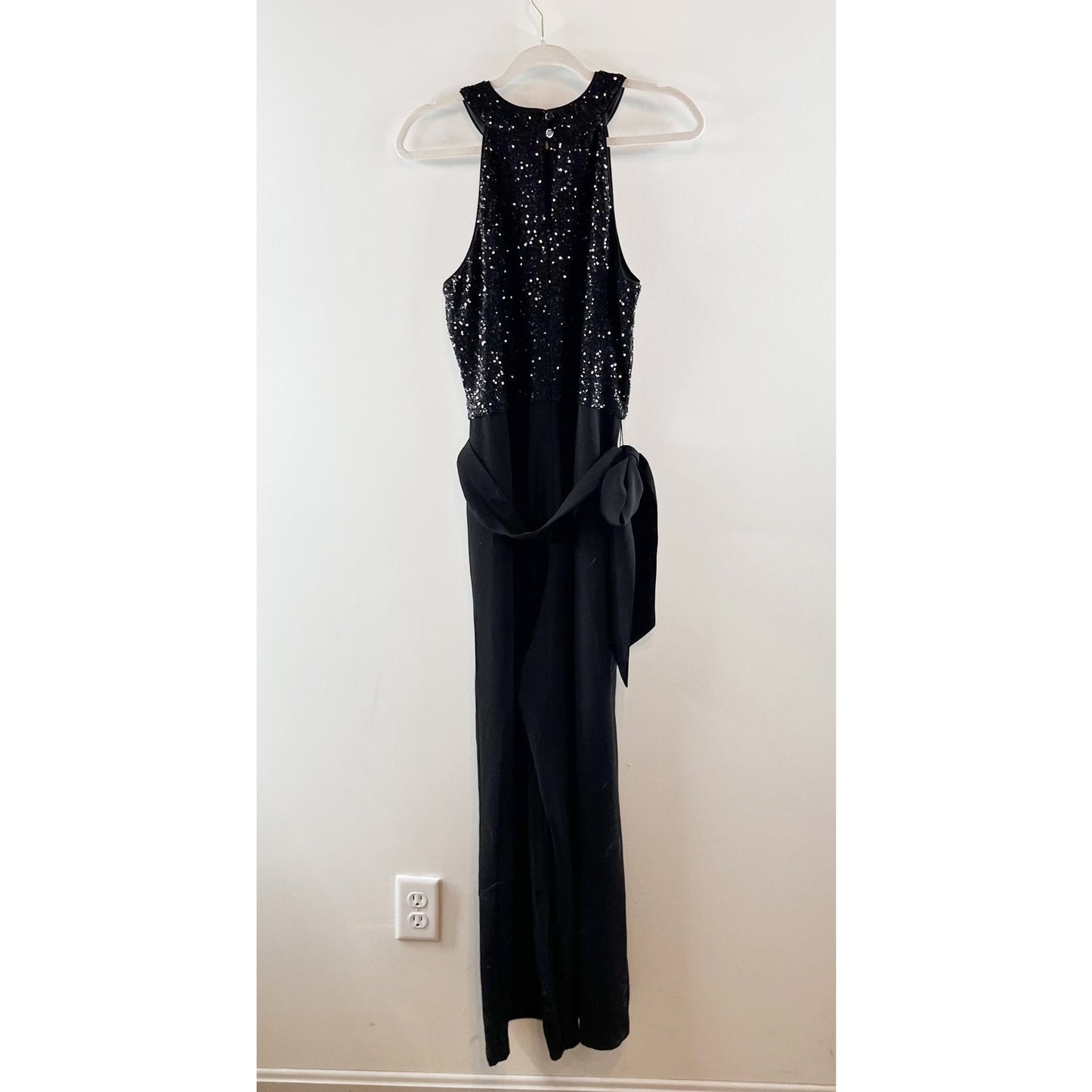 Talbots Embellished Sequin Crepe Halter Tie Waist Wide Leg Jumpsuit Black 12