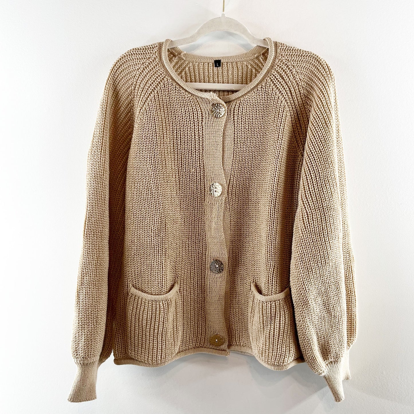 Chunky Long Sleeve Gold Button Cardigan Sweater Tan Beige Large