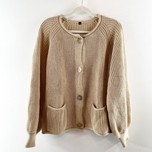 Chunky Long Sleeve Gold Button Cardigan Sweater Tan Beige Large