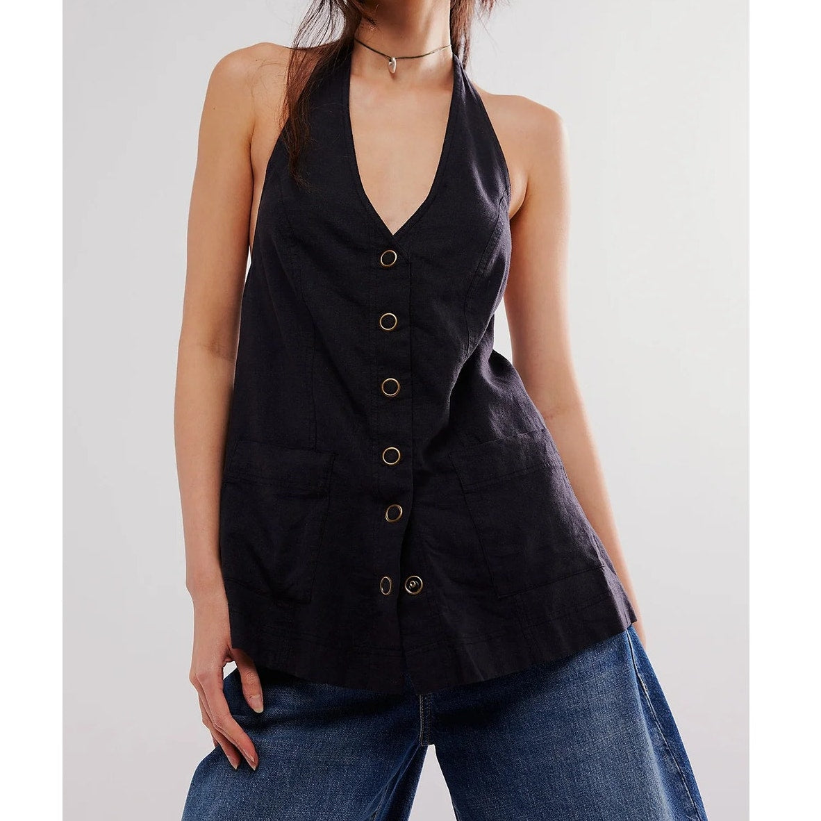 Free People Scout Linen Blend Sleeveless Halter Neck Tunic Tank Top Medium