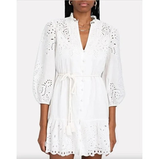 Intermix Leah Eyelet 3/4 Sleeve Cotton Belted Mini Dress White 8