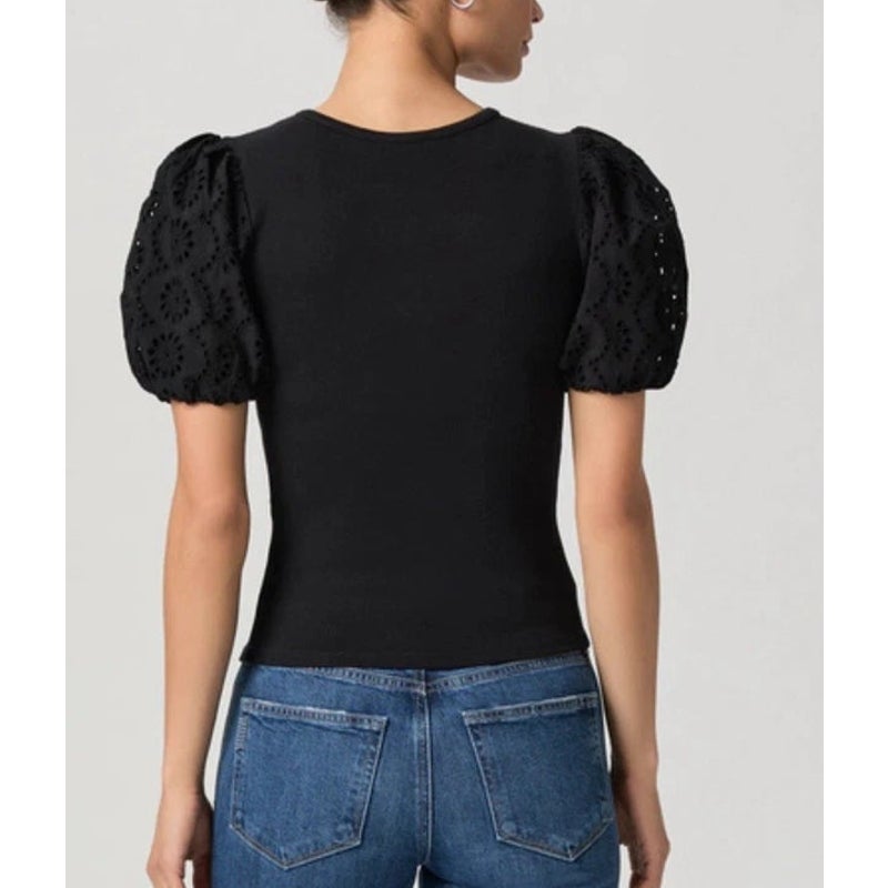 Paige Marina Puff Eyelet Short Sleeve Round Neck Blouse Top Black XS