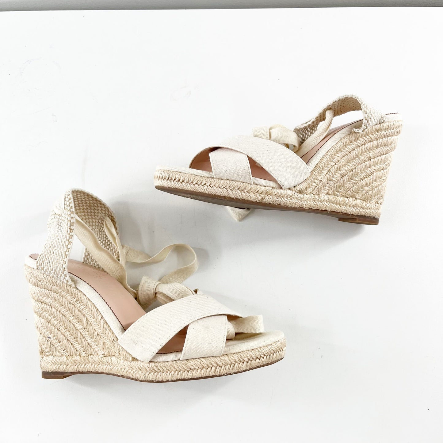 J. Crew Canvas Leather Lace-Up Espadrille Wedge Heel Sandals Cream 9