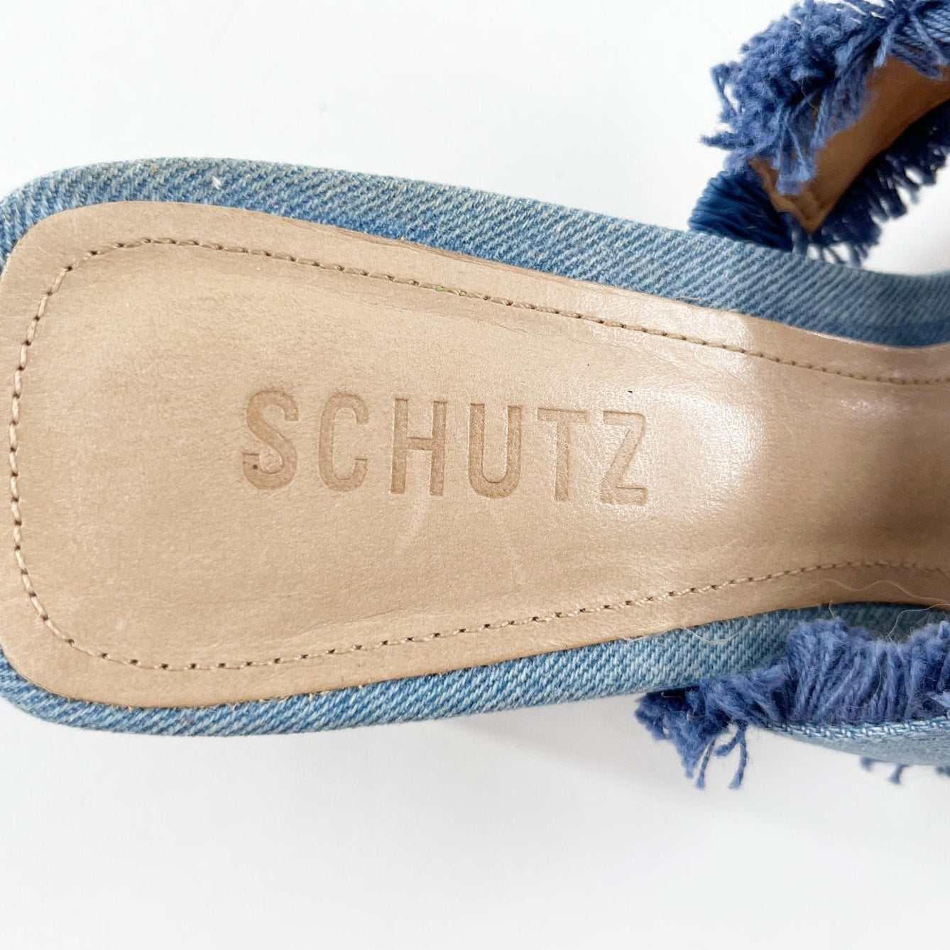 Schutz Amely Slip On Fringed Double Strap Mid Block Denim Mule Sandal Blue 8