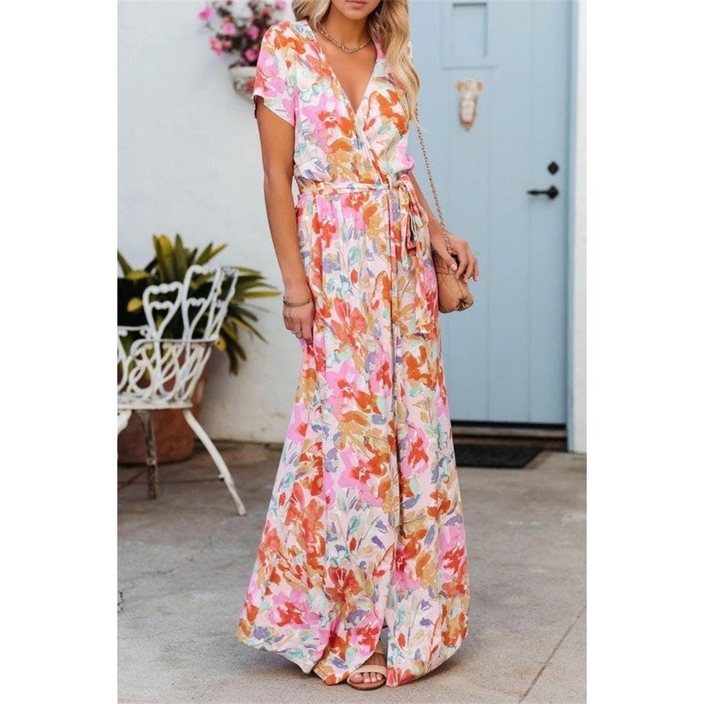 VICI Floral Print V Neck Short Sleeve Wrap Maxi Dress Pink Medium