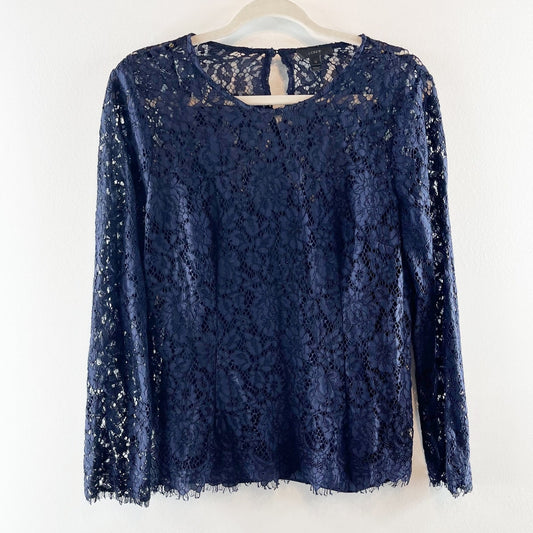 J. Crew Inner Removable Sheer Tank Long Sleeve Frayed Floral Lace Blouse Blue 10