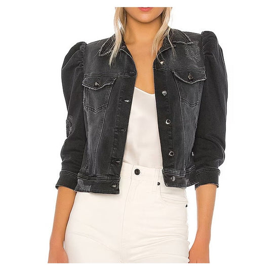 retrofete Ada Puff Sleeve Button-Front Denim Jean Jacket Faded Black Small