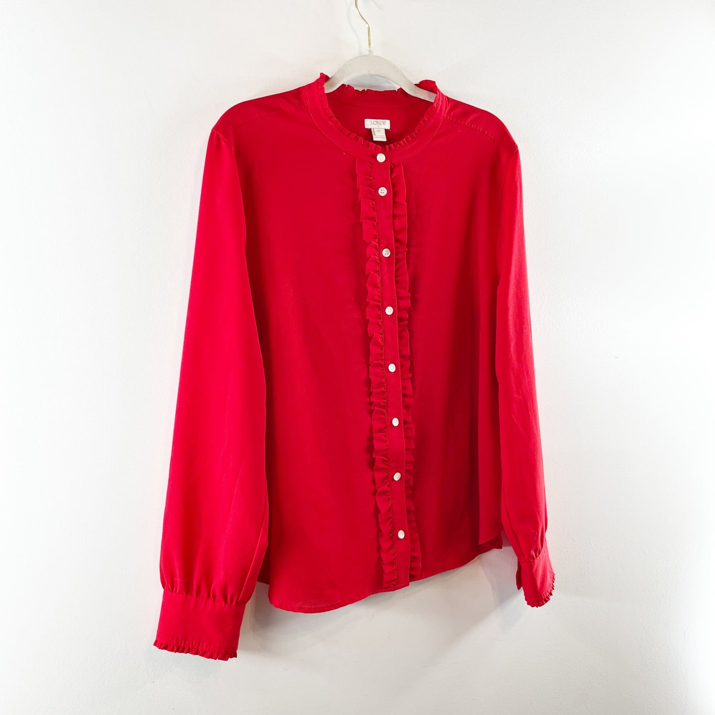 J. Crew Ruffle Front Long Sleeve Button Up Shirt Blouse Red XXL