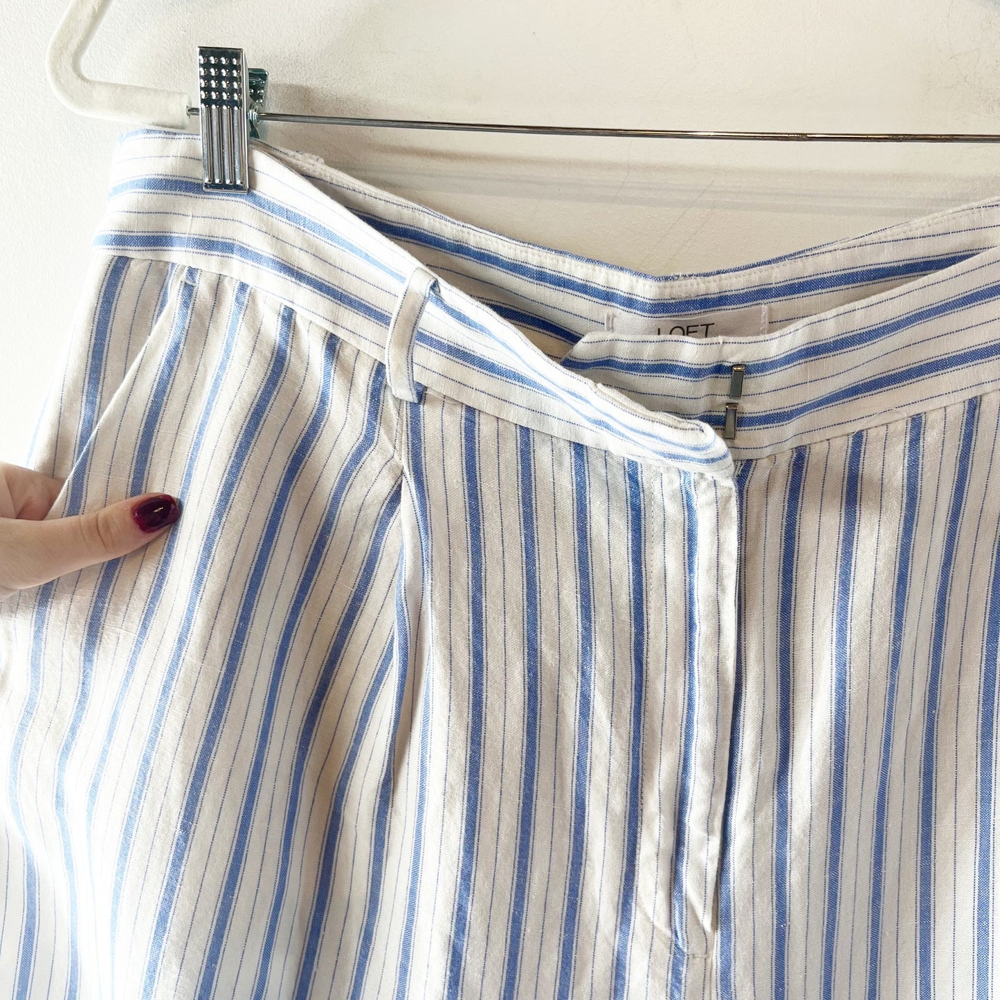LOFT Peyton Striped Linen High Waisted Wide-Leg Trouser Pants White Blue 16