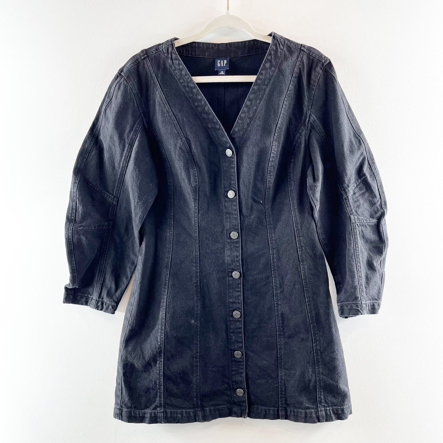 GAP Long Barrel Sleeve Denim Button Up Cotton Mini Dress Black Medium