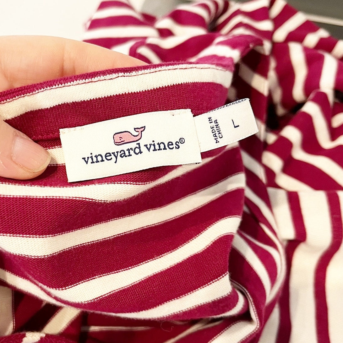 Vineyard Vines Cotton Striped Long Sleeve Scoop Neck Mini Dress Red White Large