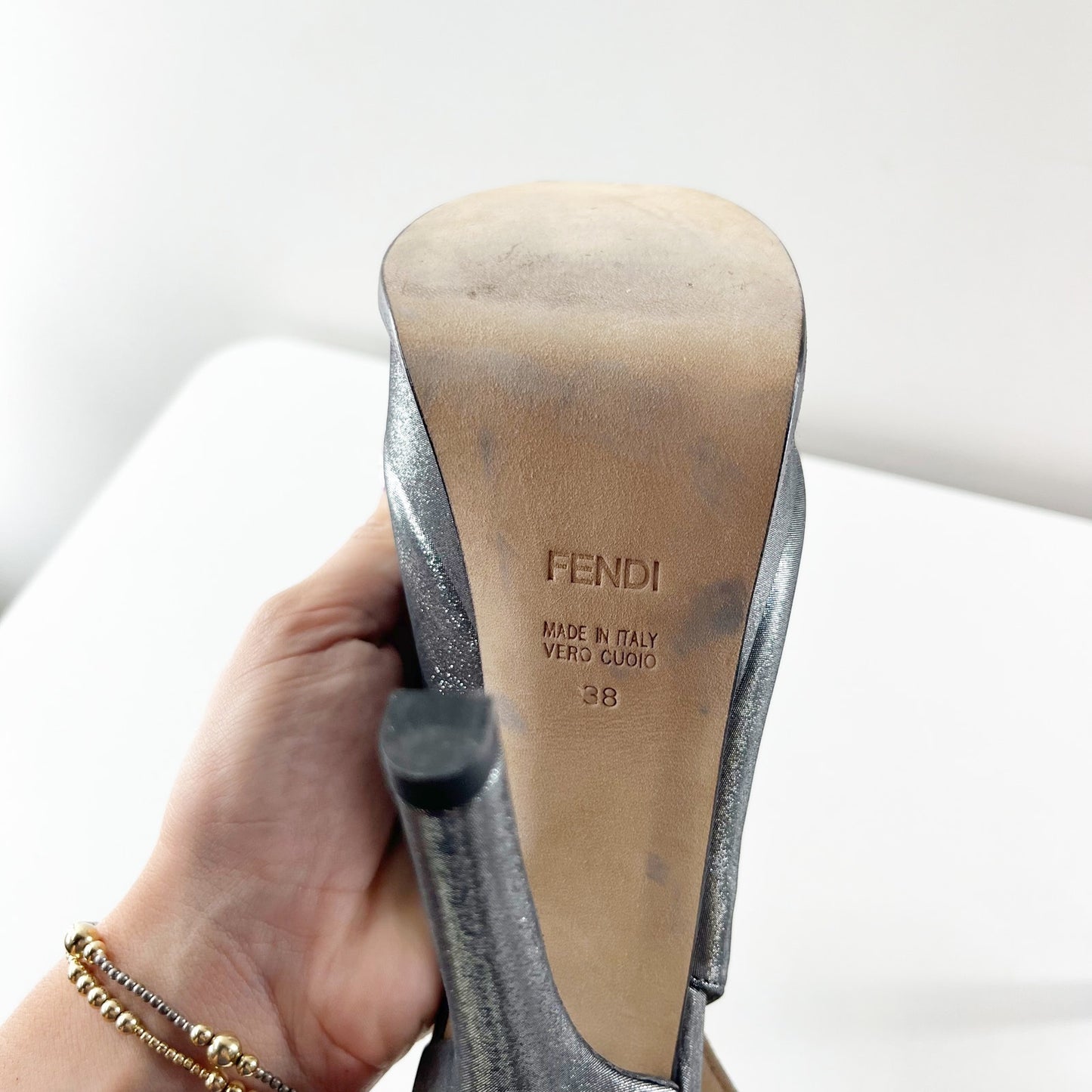 Fendi Metallic Glitter Fendista Peep Toe Stilettos Slingback Pumps Silver 38