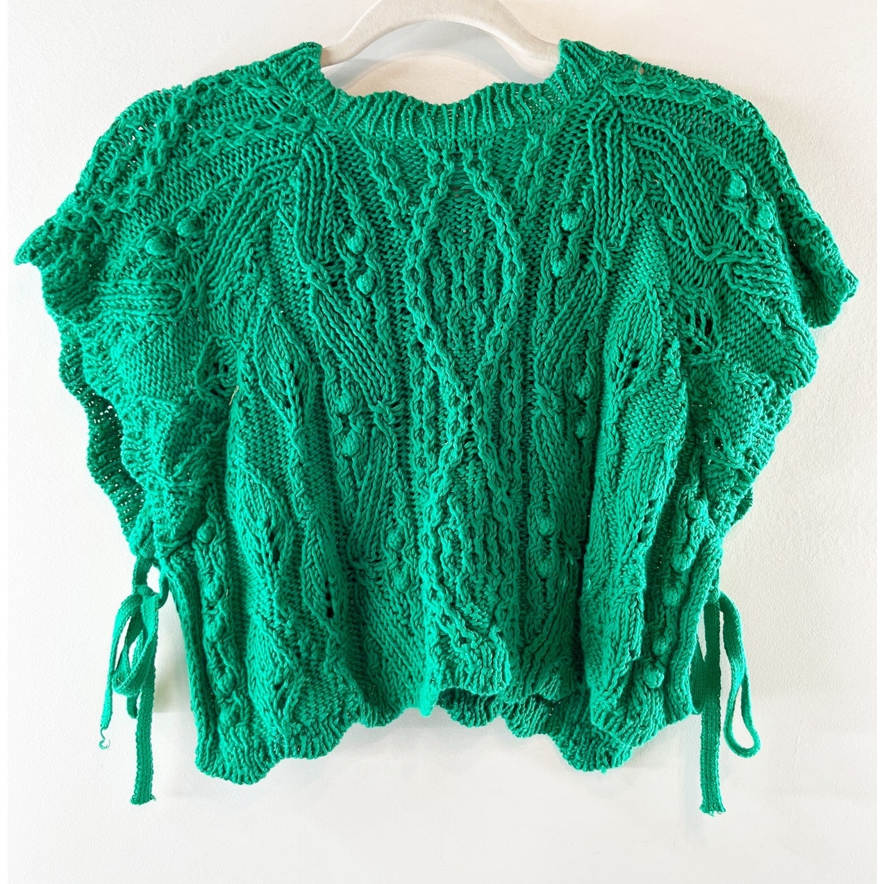 Zara Short Sleeve Crochet Cable Knit Cropped Sweater Green Medium