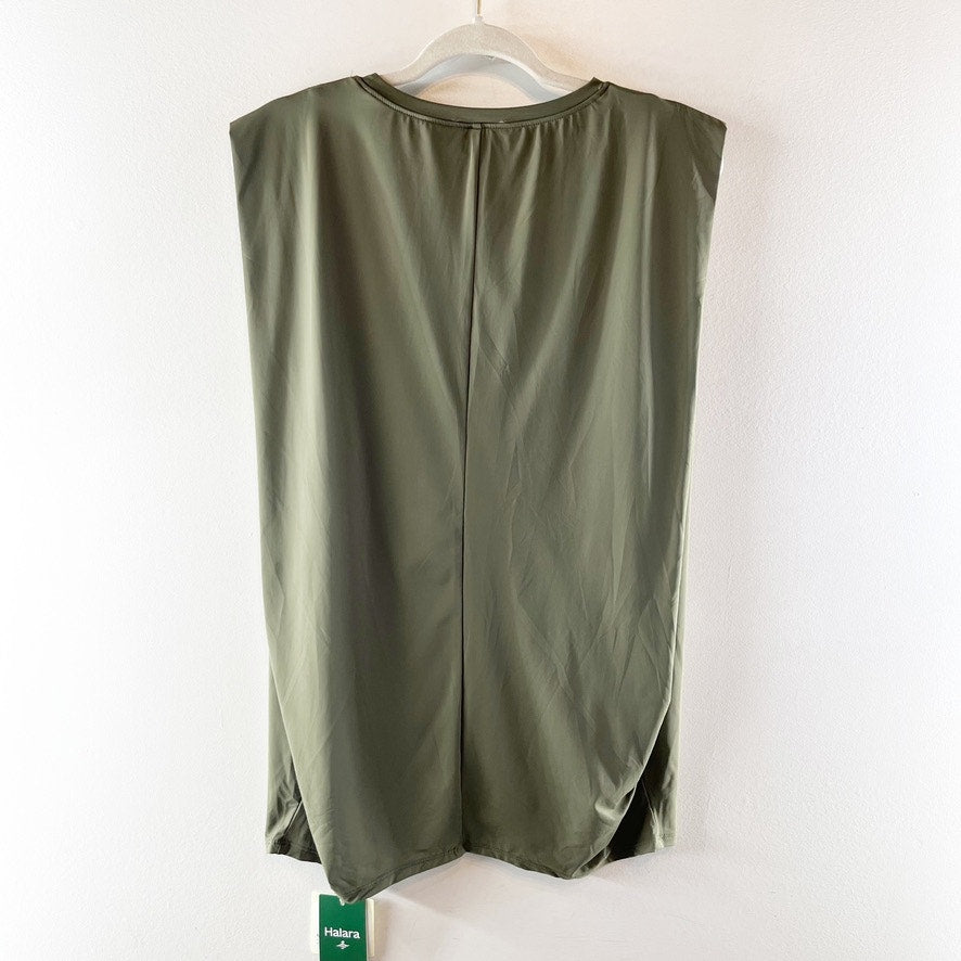 Halara Round Neck Ruched Cool Touch Yoga Tank Top UPF50+ Grass Gray Green XL