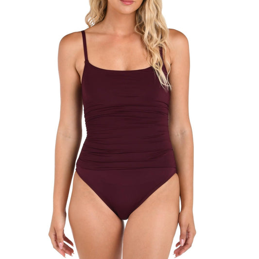 LA Blanca Island Goddess Ruched One Piece Swimsuit Merlot Maroon 10