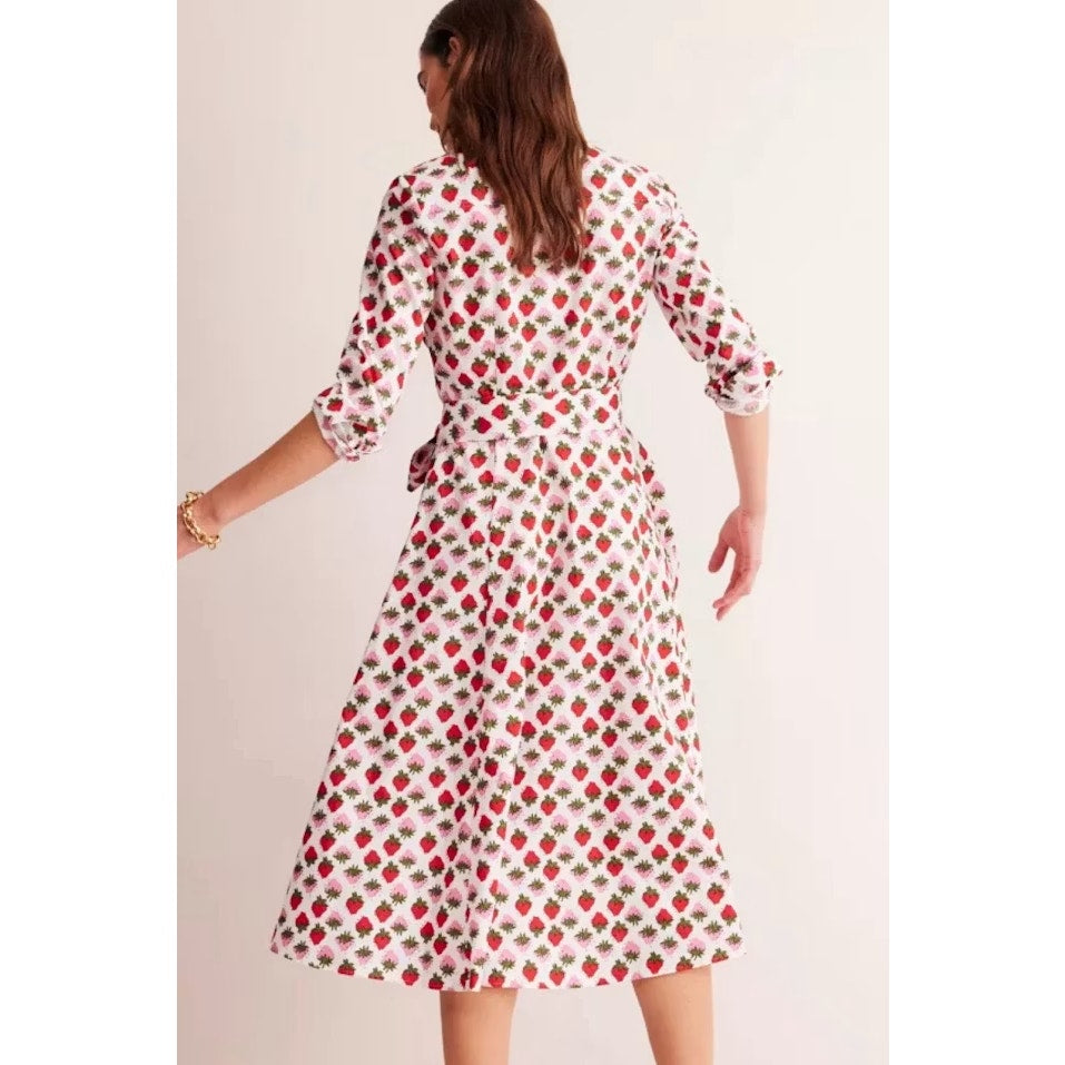 Boden Amy Cotton Strawberry Pop Midi Shirt Dress White Pink Red 8