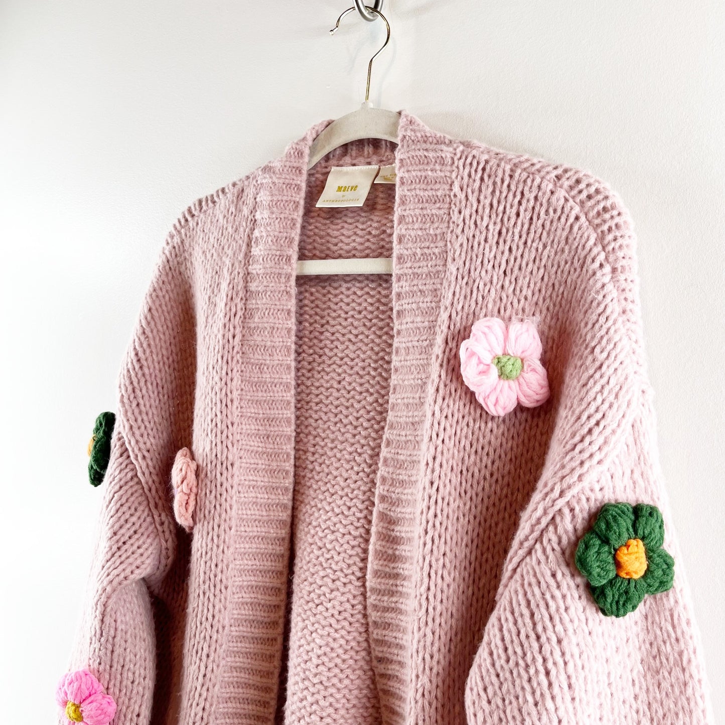 Maeve The Susannah 3D Flower Open Knit Chunky Cardigan Sweater Pink O/S