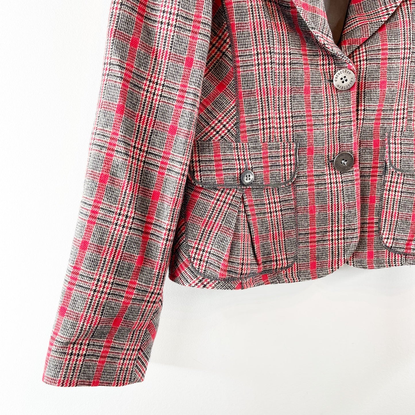 Caractere Wool Blend Plaid Long Sleeve Single Breasted Blazer Red Gray 8