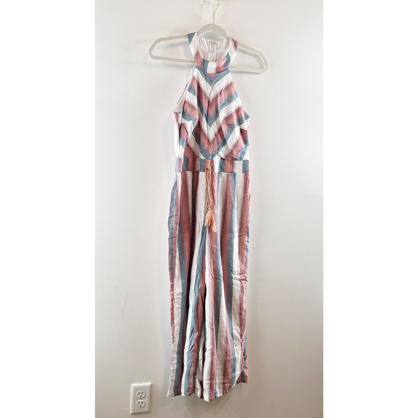 Crystal Sky Halter Neck Sleeveless Flare Leg Striped Tasseled Jumpsuit Pink 5