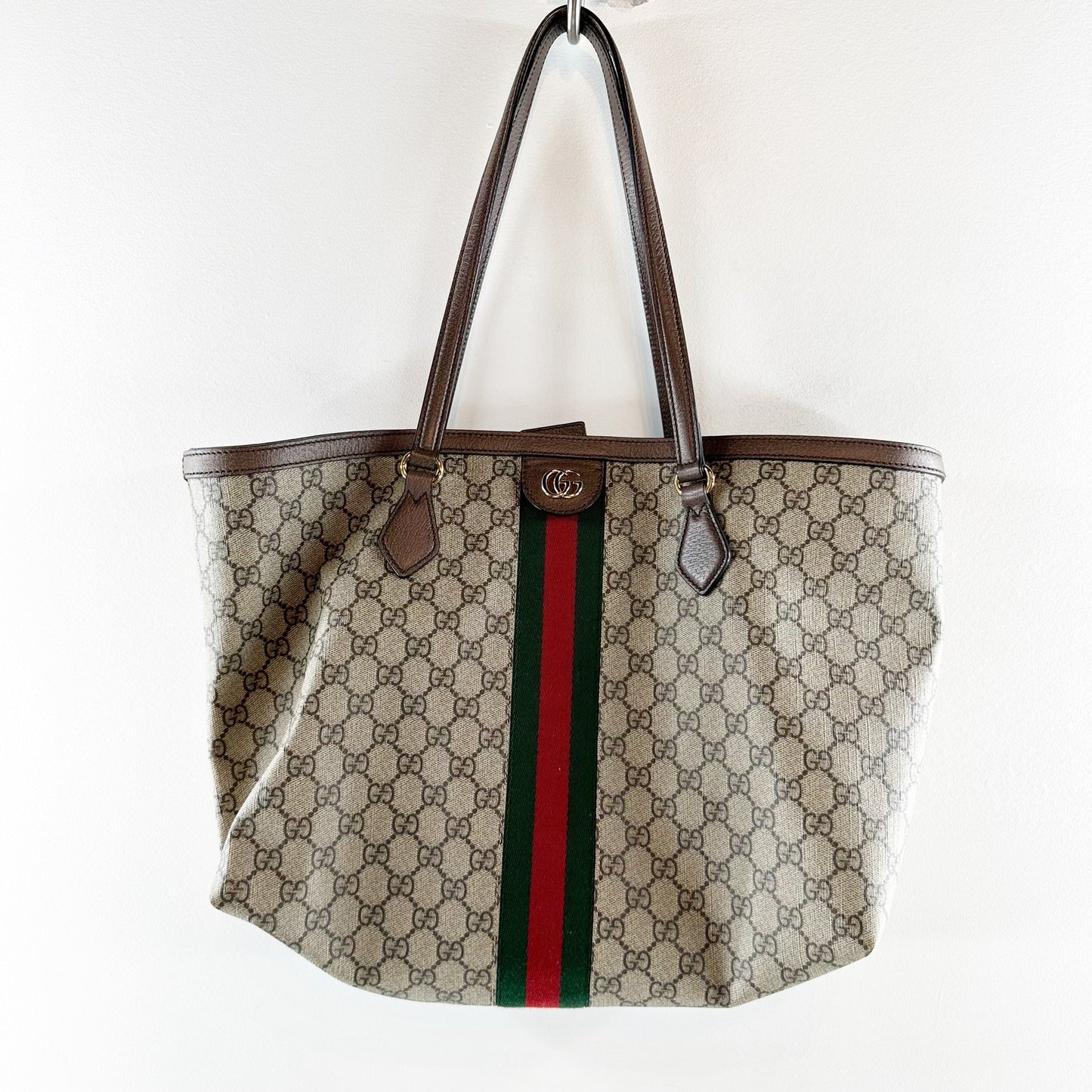 Gucci Ophidia GG Web Stripe Medium Tote Bag Beige Tan and Ebony