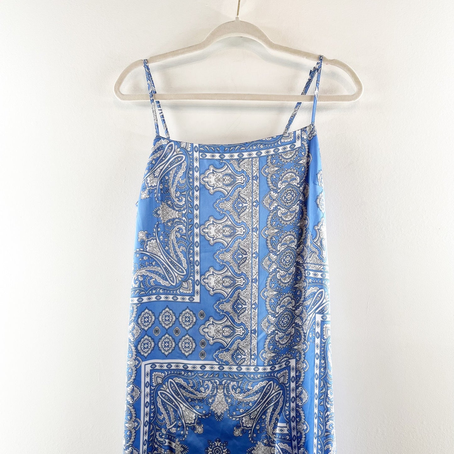 Loft Square Neck Bandana Print Slip Midi Satin Dress Blue 8