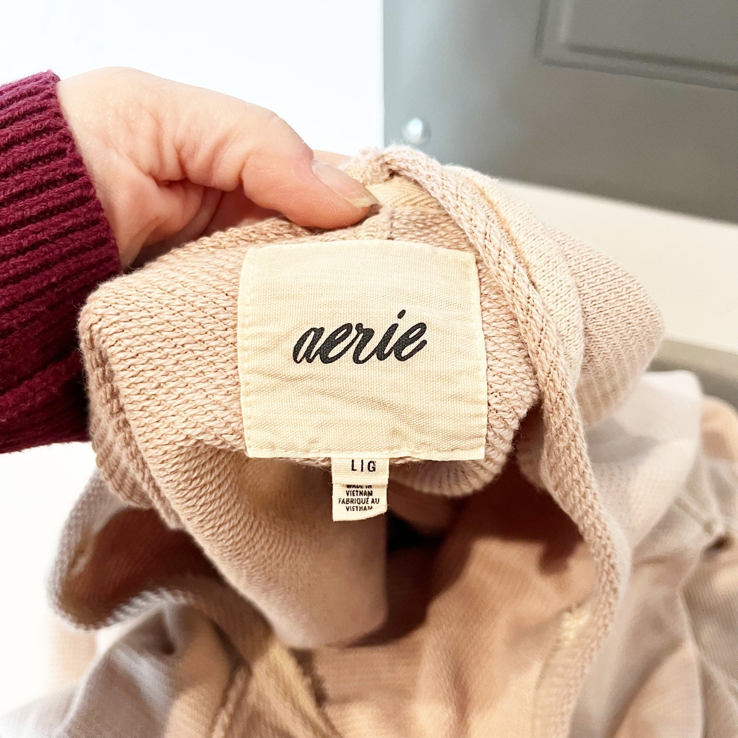 Aerie Beach Party Cropped Long Sleeve Crewneck Sweatshirt Top Tan Large