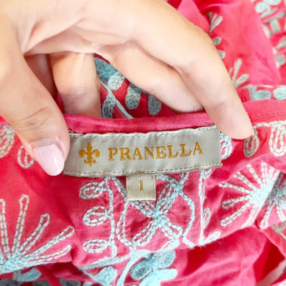 Pranella Remi Embroidered Tie Strap Ruffle Hem Mini Beach Dress Coral Pink Small