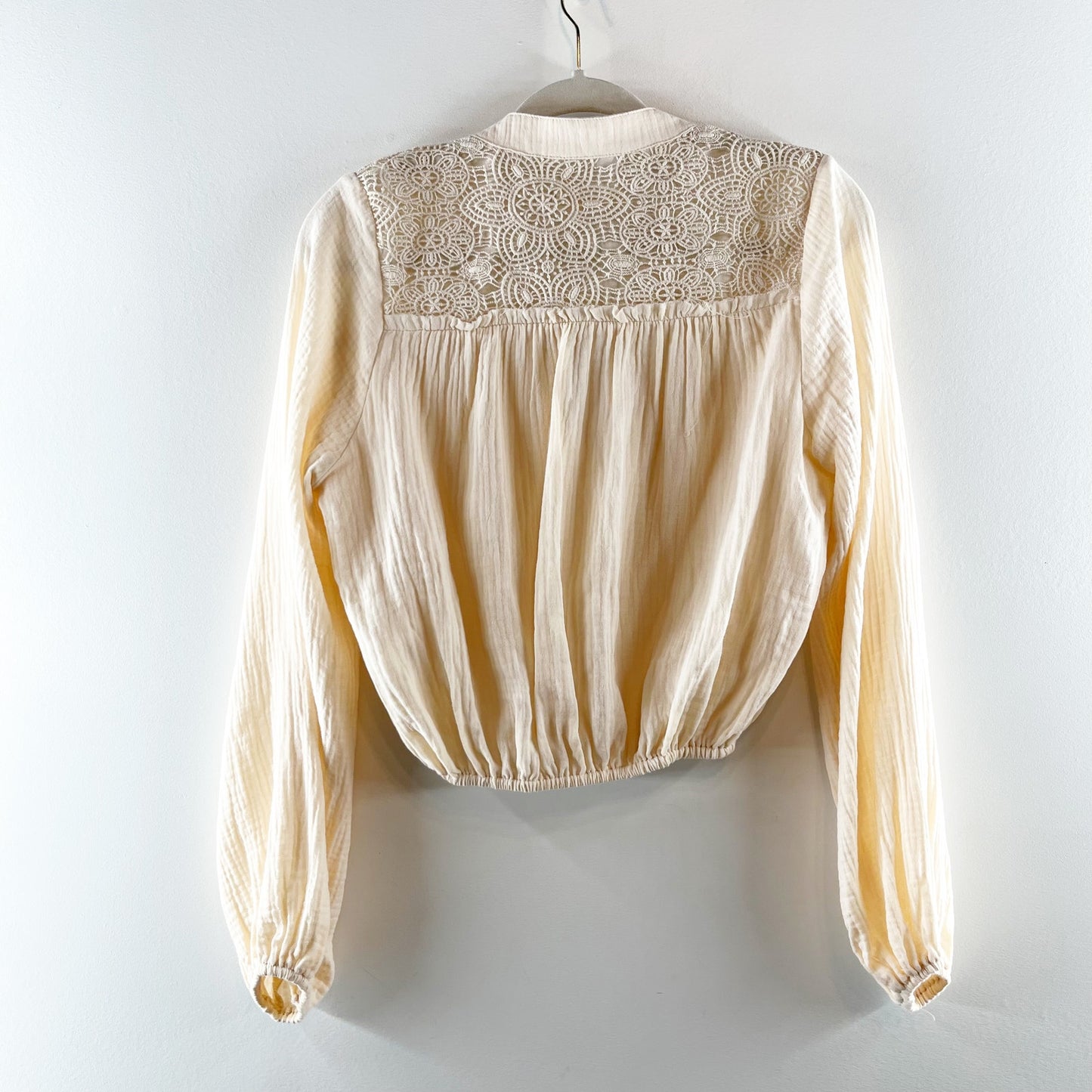 By Together Long Sleeve Gauzy Cotton Button Up Crochet Top Cream Small