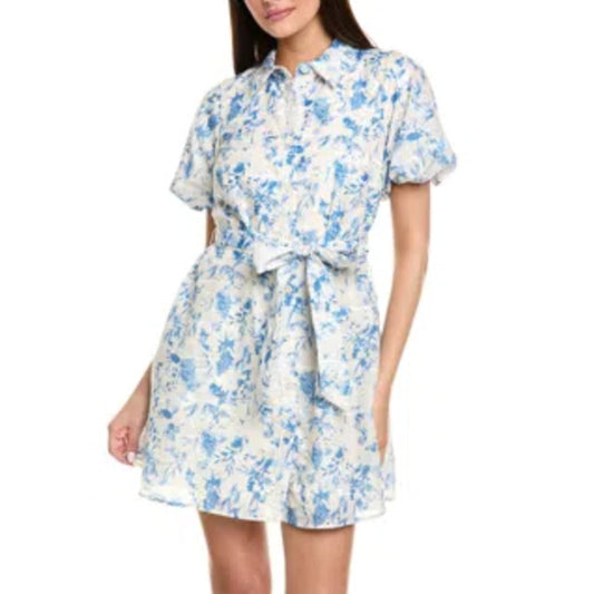 Sam Edelman Short Puff Sleeve Belted Floral Mini Shirt Dress Blue Ivory 12