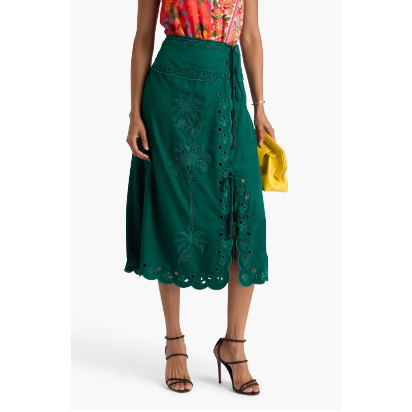 Farm Rio Richilieu Broderie Anglaise Satin Wrap Midi Skirt Green XS