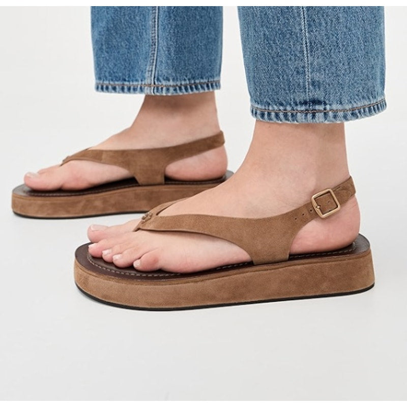 Coach Sculpted C Platform Suede Thong Sandals Coconut Tan Brown 6.5