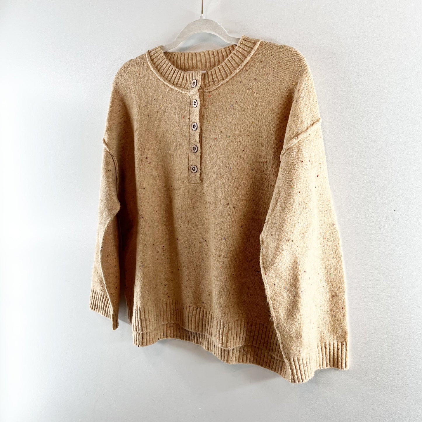 Blu Pepper Time Moves Faster Dropped Shoulder Henley Sweater Beige Tan Small