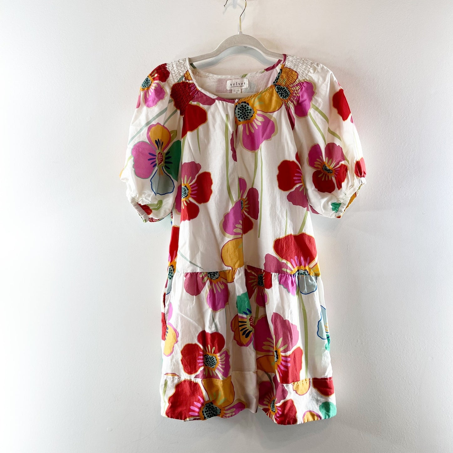 Velvet by Graham & Spencer Rachel Floral Puff Sleeve Mini Dress White Pink XS