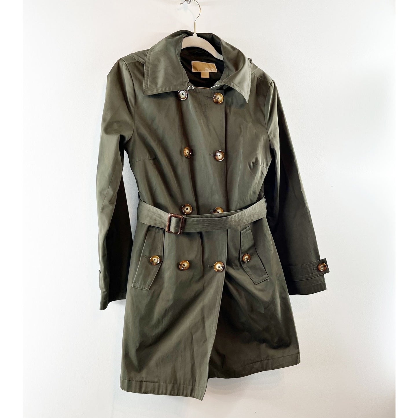 Michael Kors Belted Double Breasted Hooded Trench Coat Olive Green Small