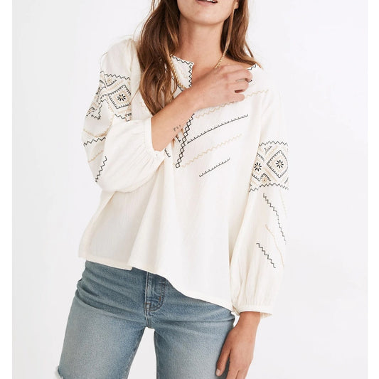 Madewell Embroidered Peasant Top in Antique Cream Small