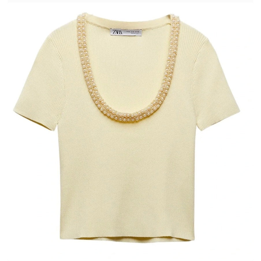 ZARA Pearl Beaded Scoopneck Ribbed Short Sleeve Baby Tee Top Yellow Medium