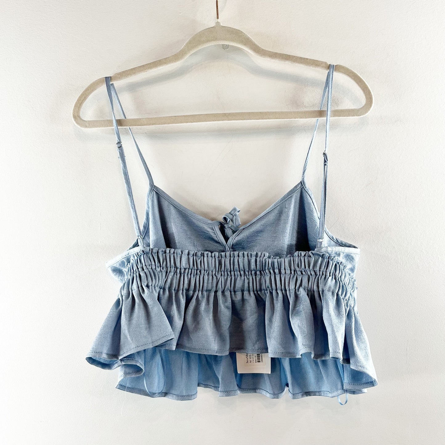SeaShell Satin Cropped Peplum Ruffle Tank Top Blue Large