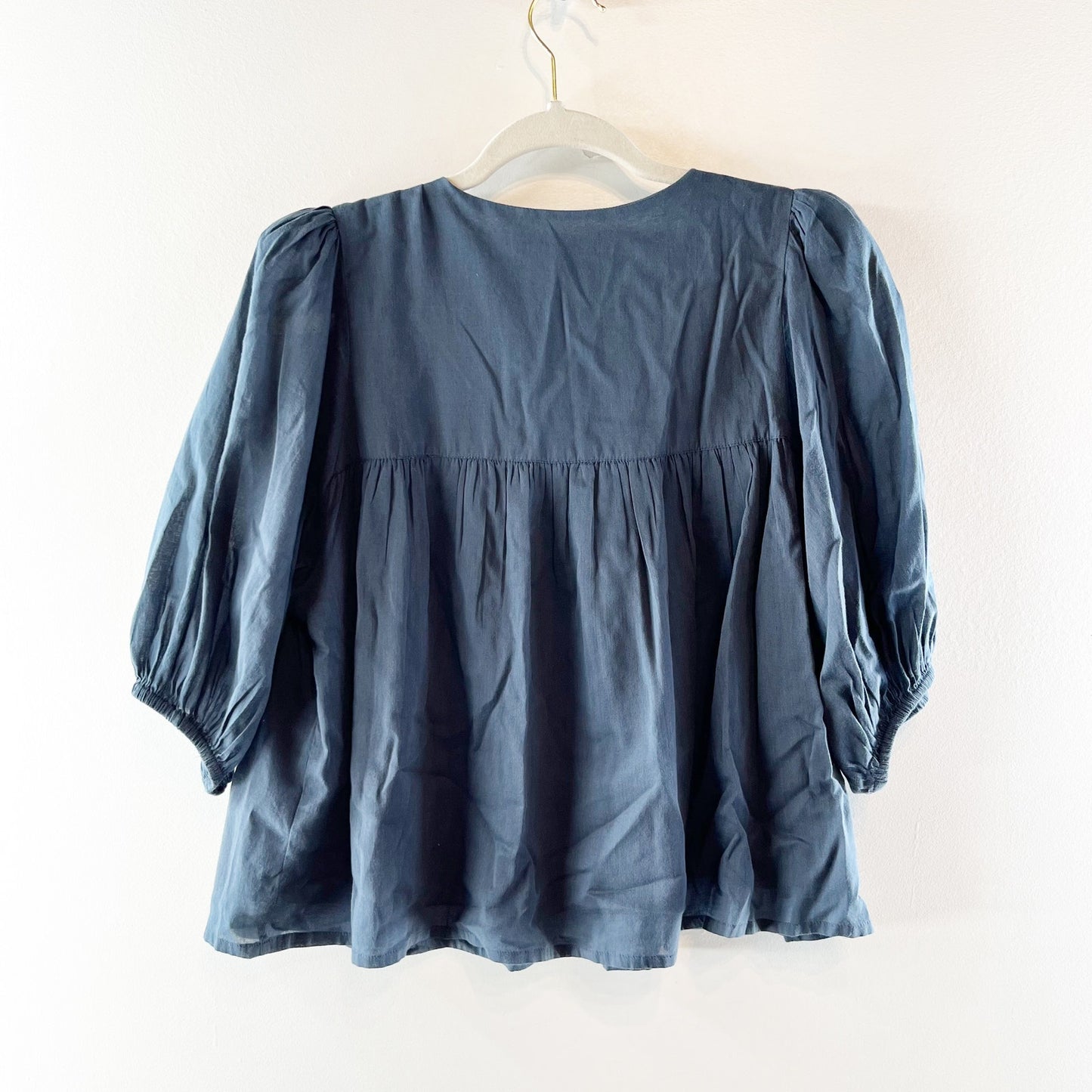 Emerson Fry Isla Puff Short Sleeve Tie Front Boxy Cotton Top Blouse Blue XS/S