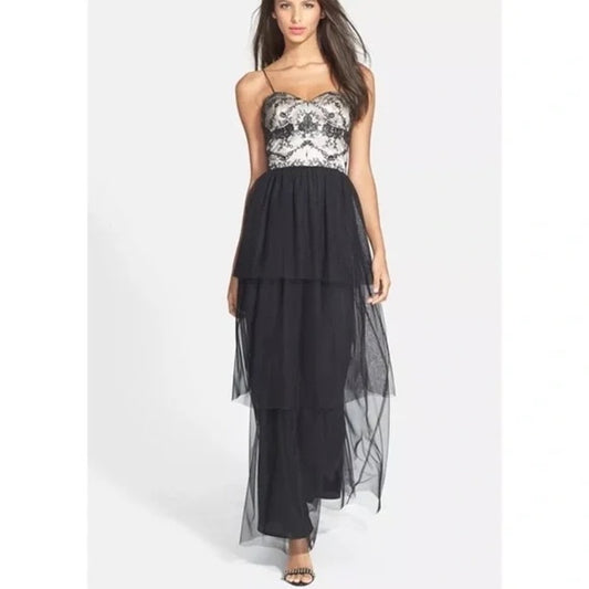 Hailey by Adrianna Papell Lace Sleeveless Bustier Tiered Tulle Maxi Gown Black 4