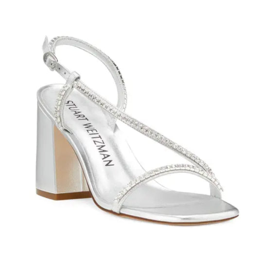 Stuart Weitzman Soiree Crystal Rhinestone Square Toe Block Heel Sandals Silver