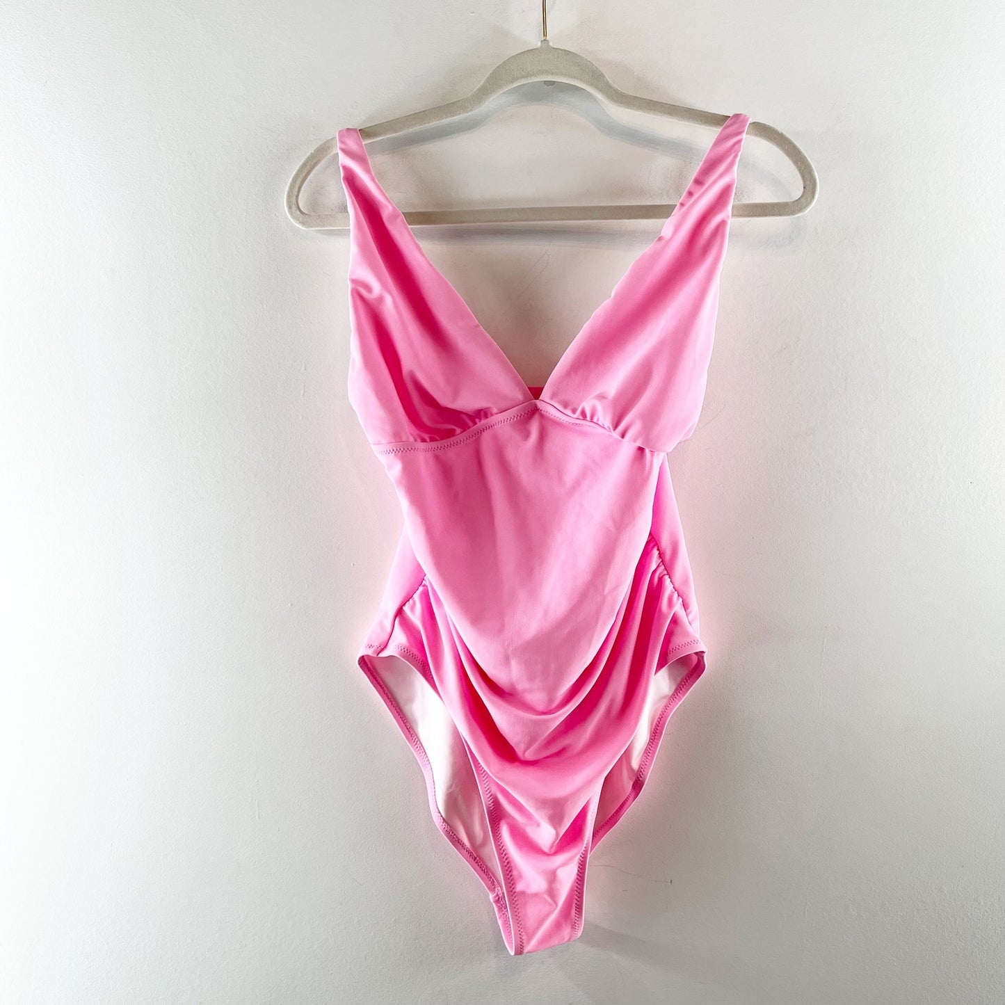 Old Navy Ruched Deep V-Neck One-Piece Swimsuit Pink Edge Neon Medium