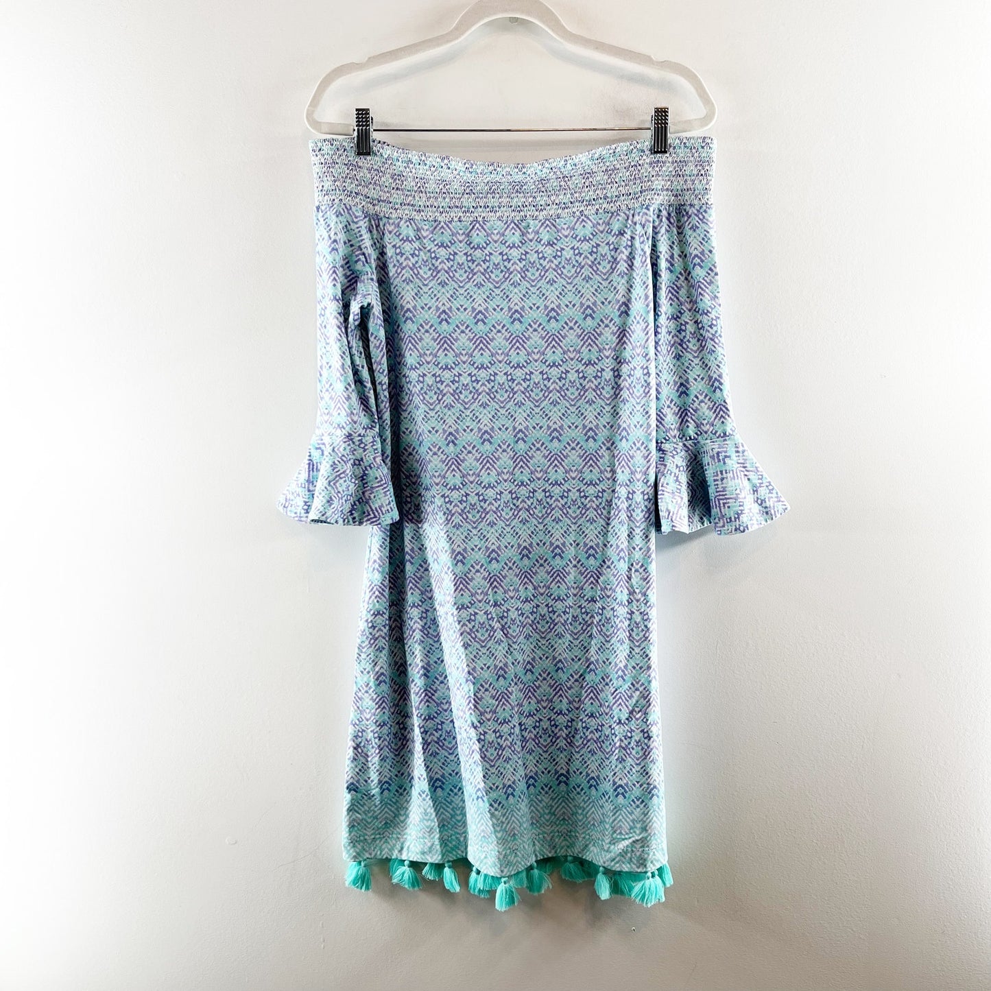Cabana Life Geo Print 3/4 Sleeve Off Shoulder Tassel Hem Mini Dress Blue Medium